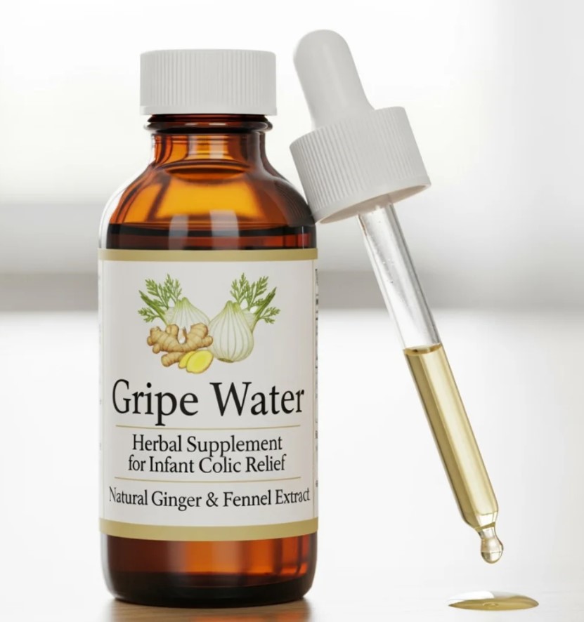 Close-up of a gripe water bottle label and its dosing syringe